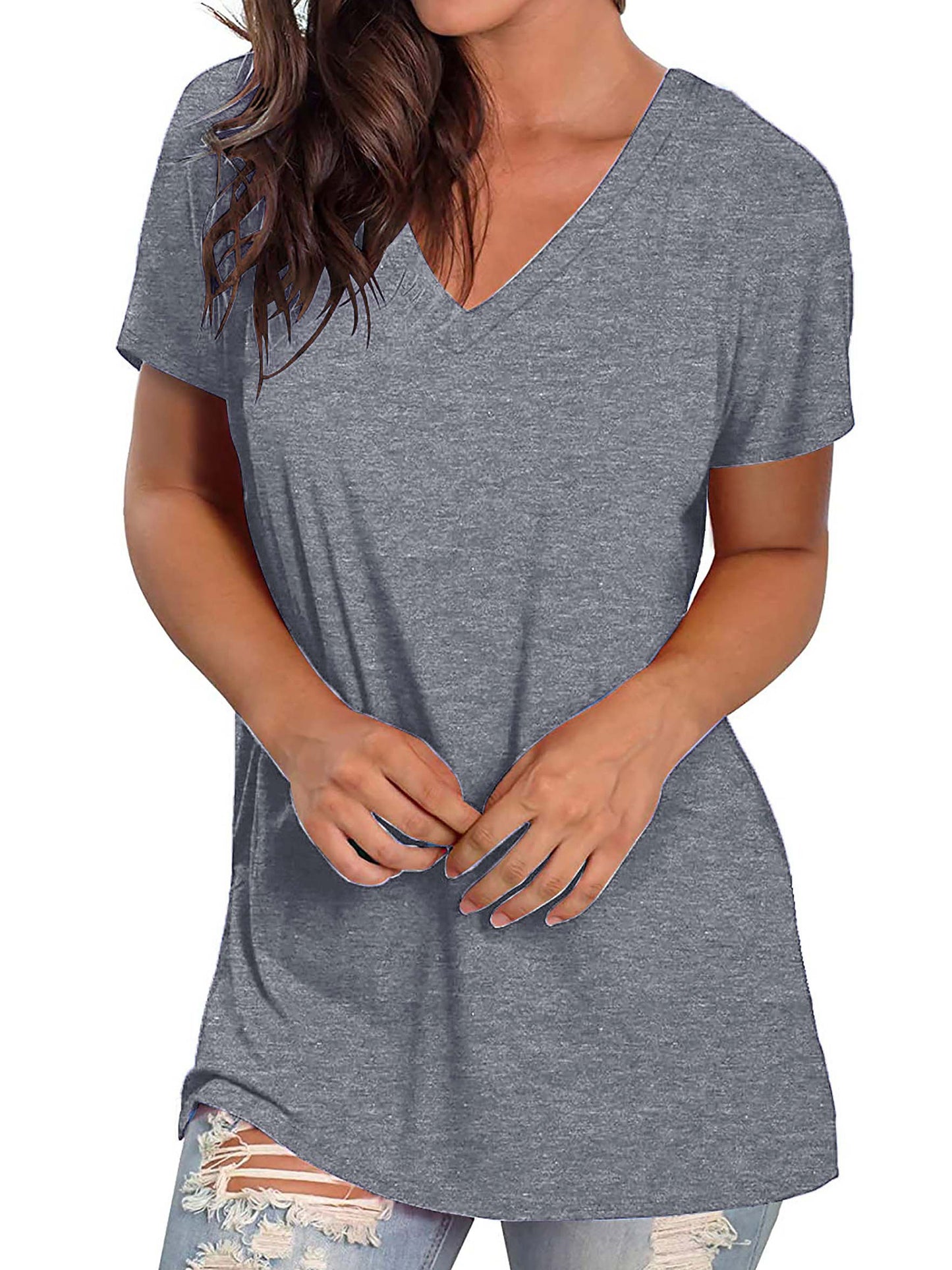 TEMOFON Shirts for Women Summer Short Sleeve Tunic Tops Casual V Neck Dressy T Shirt Comfy Loose Blouses