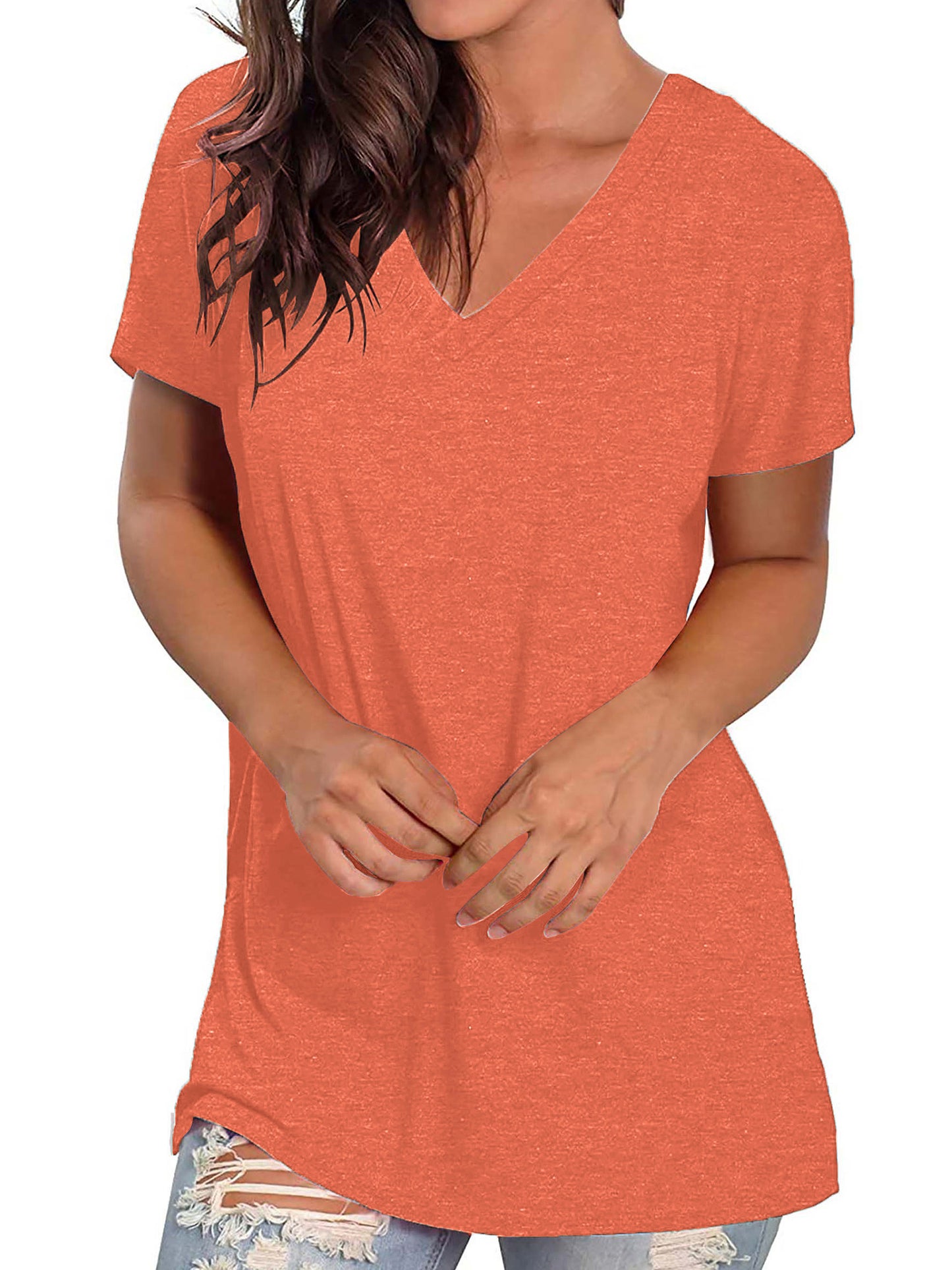 TEMOFON Shirts for Women Summer Short Sleeve Tunic Tops Casual V Neck Dressy T Shirt Comfy Loose Blouses