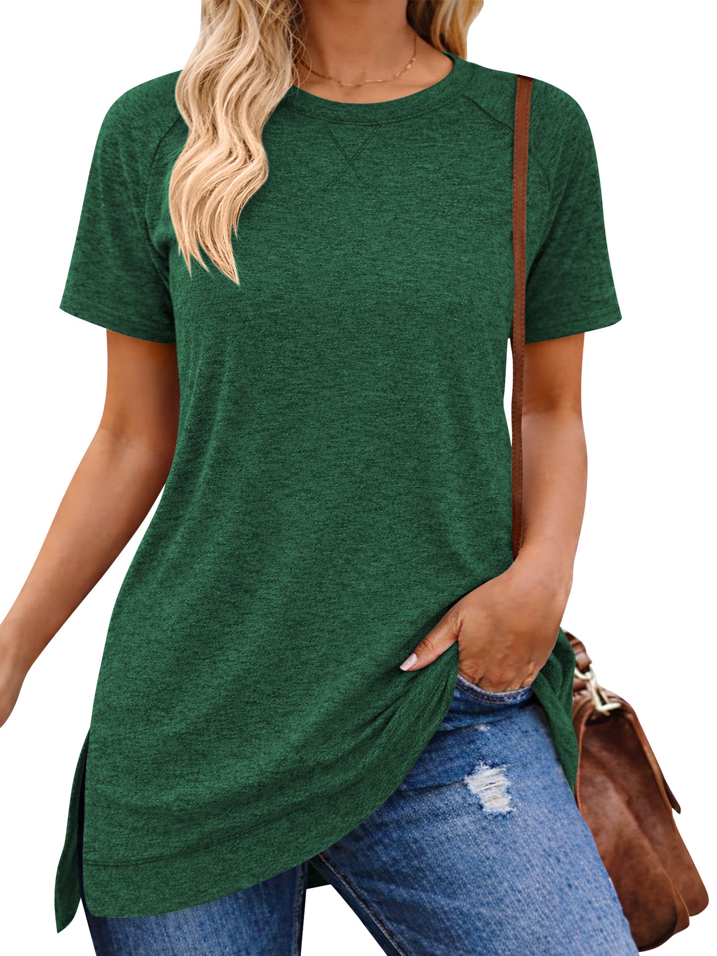 SHIBEVER Summer Short Sleeve T Shirts for Women Casual Loose Side Split Tunic Tops Comfortable Crew Neck Tops