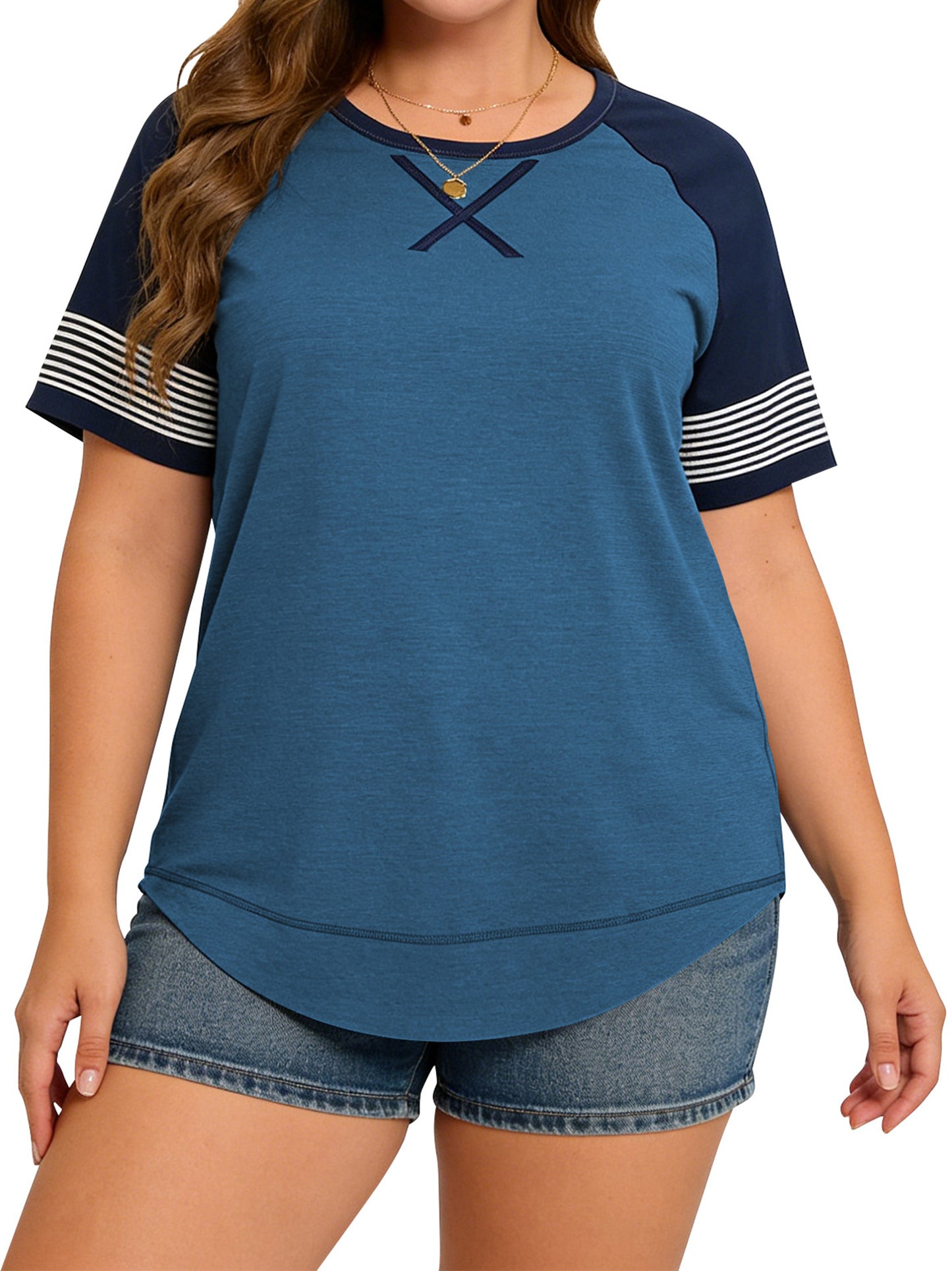 LANREMON Women Tops Plus Size Color Block Loose Summer Short Sleeve T Shirts Casual Crewneck Skyblue Baseball Tee Blouses Size