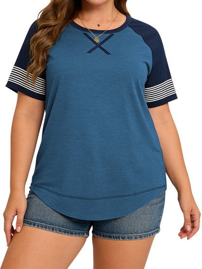 LANREMON Women Tops Plus Size Color Block Loose Summer Short Sleeve T Shirts Casual Crewneck Skyblue Baseball Tee Blouses Size