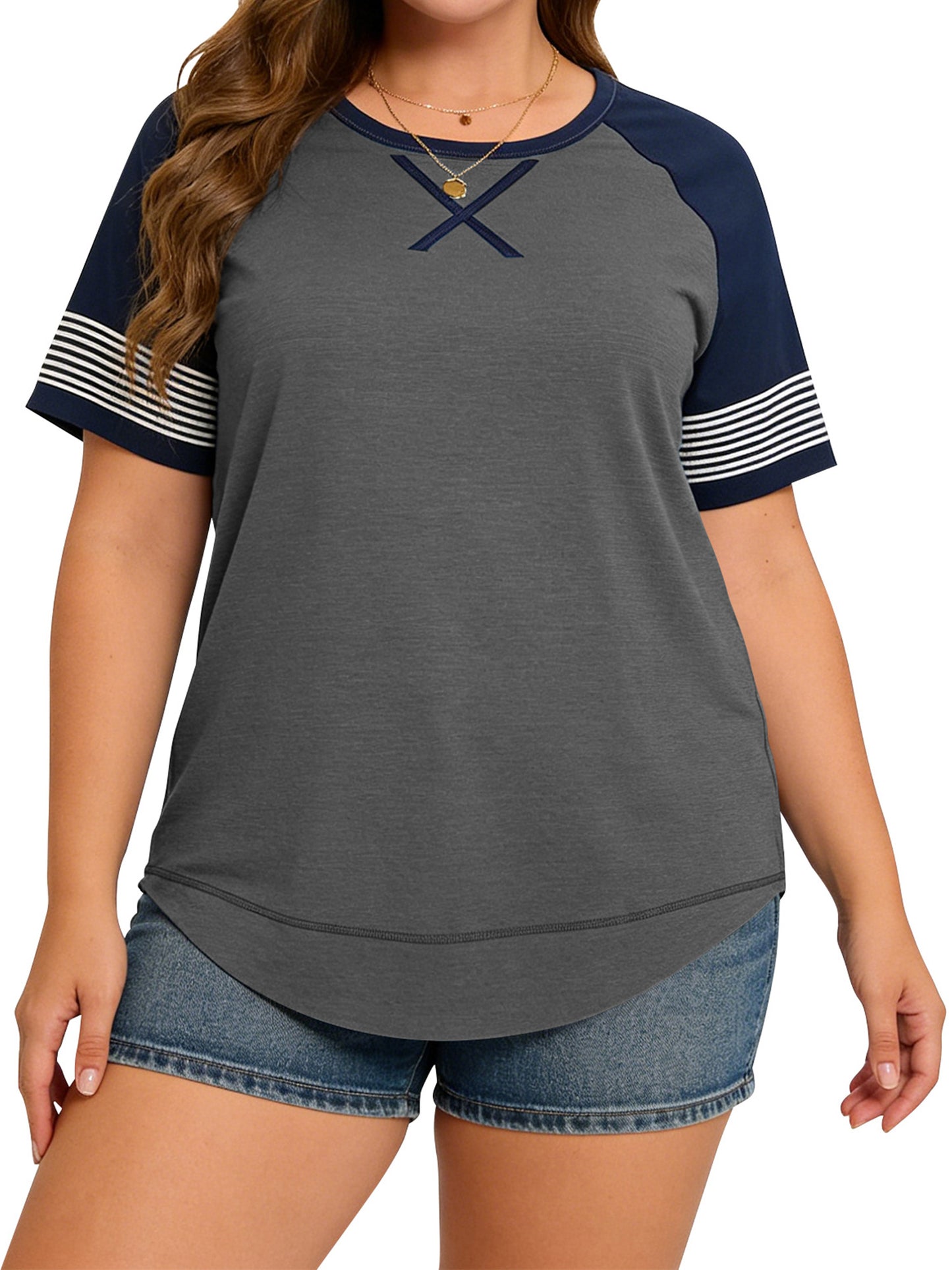 LANREMON Women Tops Plus Size Color Block Loose Summer Short Sleeve T Shirts Casual Crewneck Skyblue Baseball Tee Blouses Size