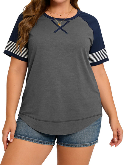 LANREMON Women Tops Plus Size Color Block Loose Summer Short Sleeve T Shirts Casual Crewneck Skyblue Baseball Tee Blouses Size