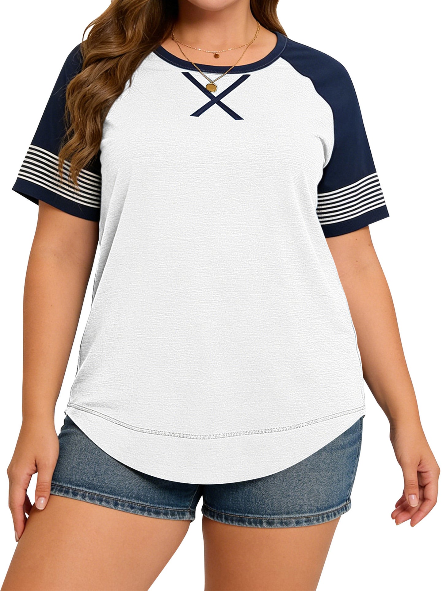 LANREMON Women Tops Plus Size Color Block Loose Summer Short Sleeve T Shirts Casual Crewneck Skyblue Baseball Tee Blouses Size