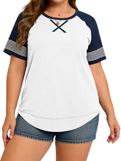LANREMON Women Tops Plus Size Color Block Loose Summer Short Sleeve T Shirts Casual Crewneck Skyblue Baseball Tee Blouses Size
