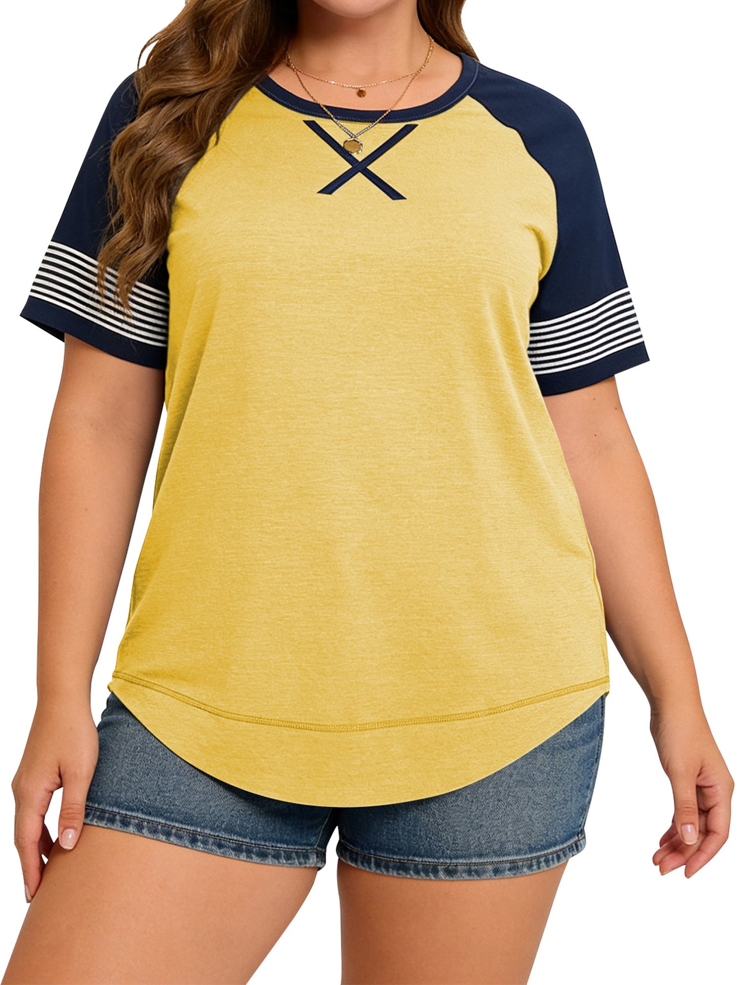 LANREMON Women Tops Plus Size Color Block Loose Summer Short Sleeve T Shirts Casual Crewneck Skyblue Baseball Tee Blouses Size