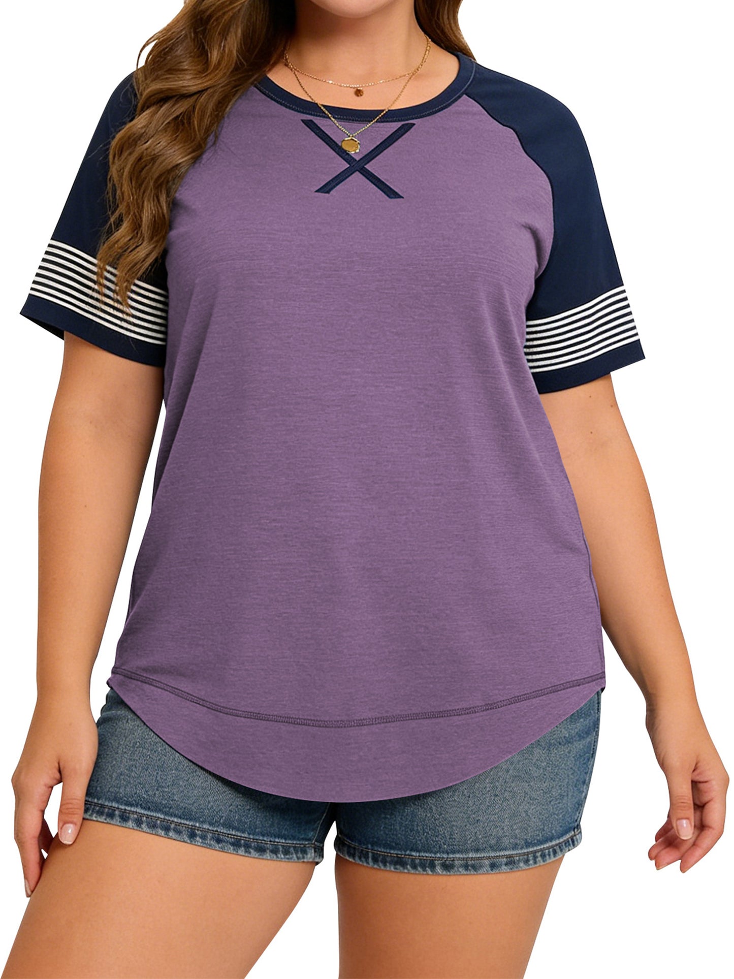 LANREMON Women Tops Plus Size Color Block Loose Summer Short Sleeve T Shirts Casual Crewneck Skyblue Baseball Tee Blouses Size