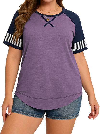LANREMON Women Tops Plus Size Color Block Loose Summer Short Sleeve T Shirts Casual Crewneck Skyblue Baseball Tee Blouses Size