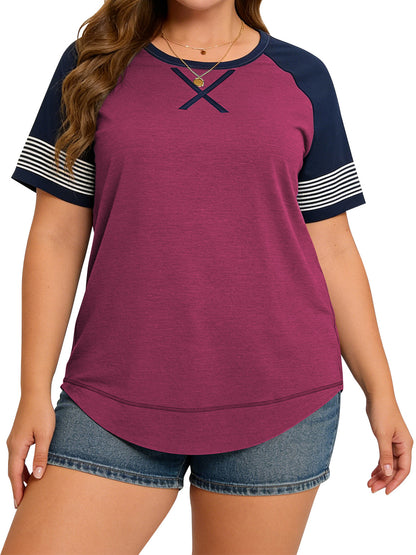 LANREMON Women Tops Plus Size Color Block Loose Summer Short Sleeve T Shirts Casual Crewneck Skyblue Baseball Tee Blouses Size