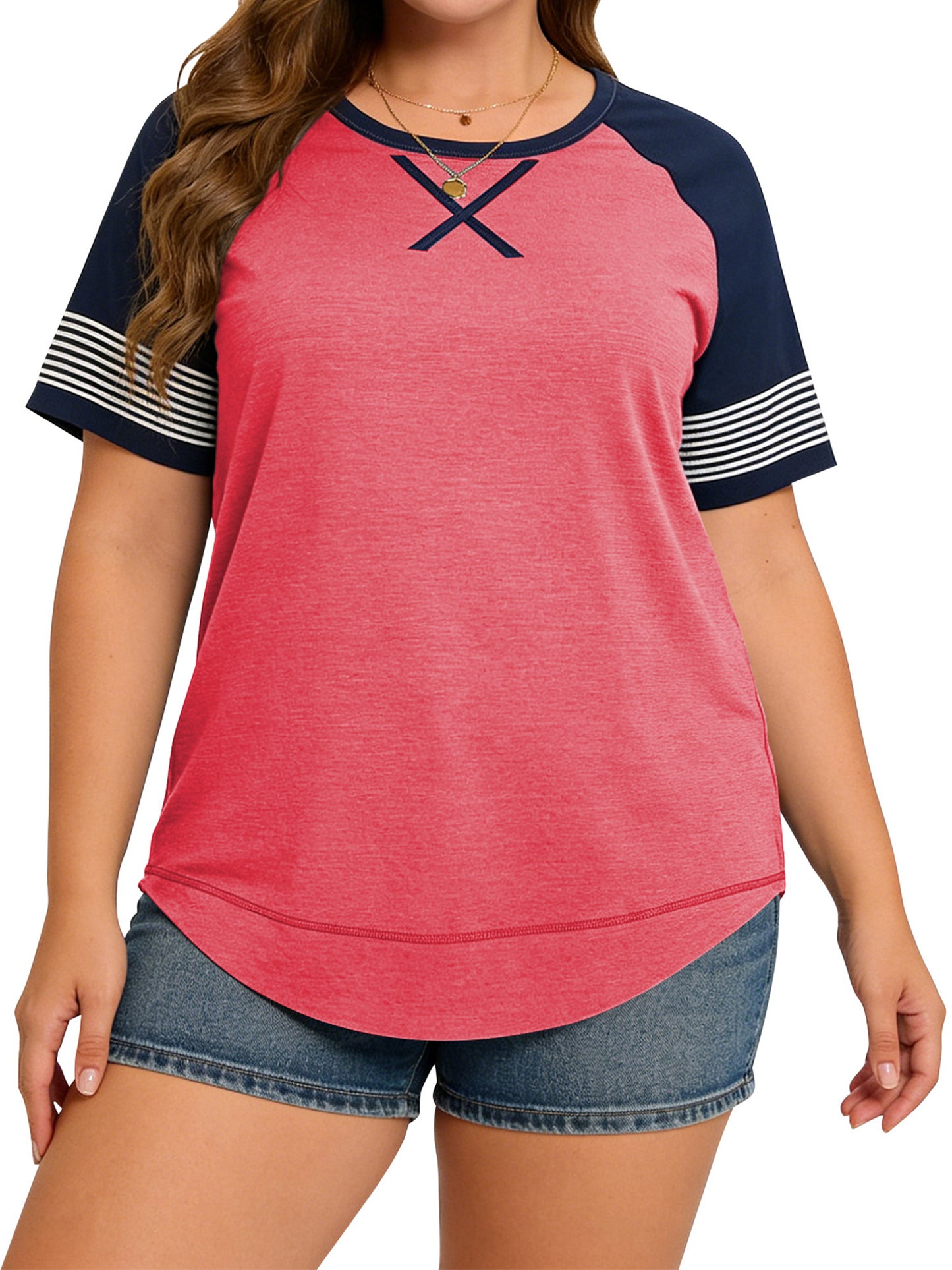 LANREMON Women Tops Plus Size Color Block Loose Summer Short Sleeve T Shirts Casual Crewneck Skyblue Baseball Tee Blouses Size