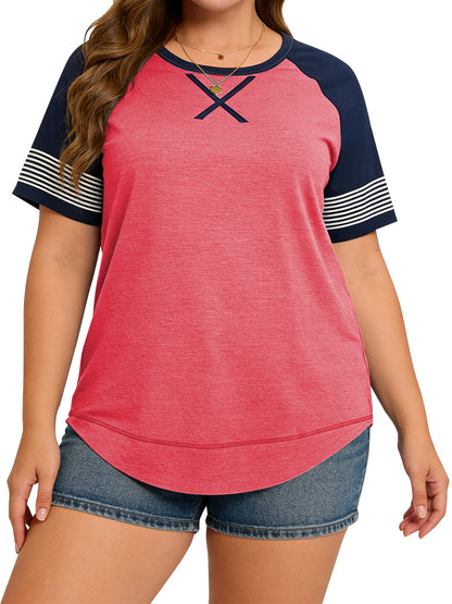 LANREMON Women Tops Plus Size Color Block Loose Summer Short Sleeve T Shirts Casual Crewneck Skyblue Baseball Tee Blouses Size