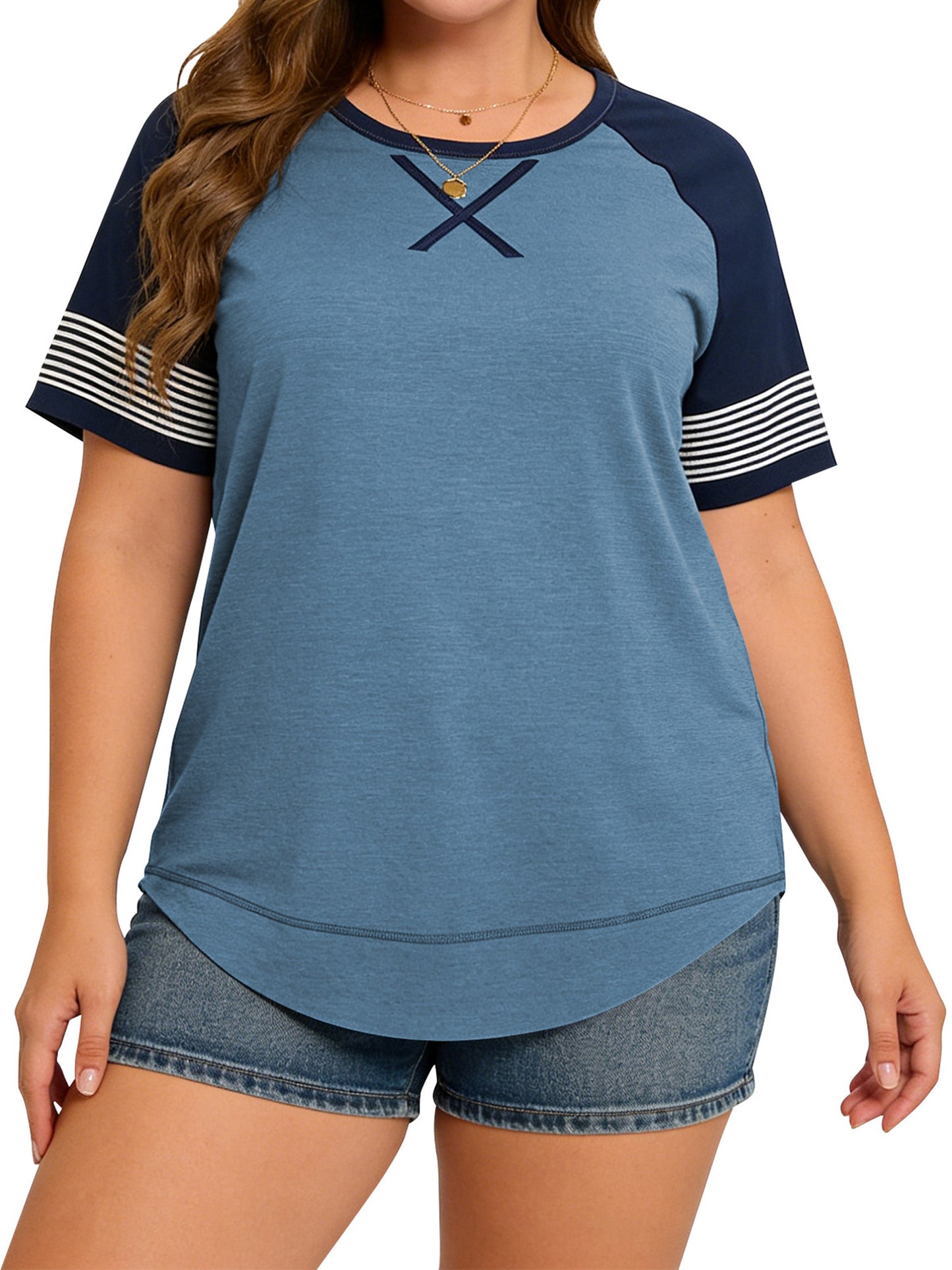 LANREMON Women Tops Plus Size Color Block Loose Summer Short Sleeve T Shirts Casual Crewneck Skyblue Baseball Tee Blouses Size