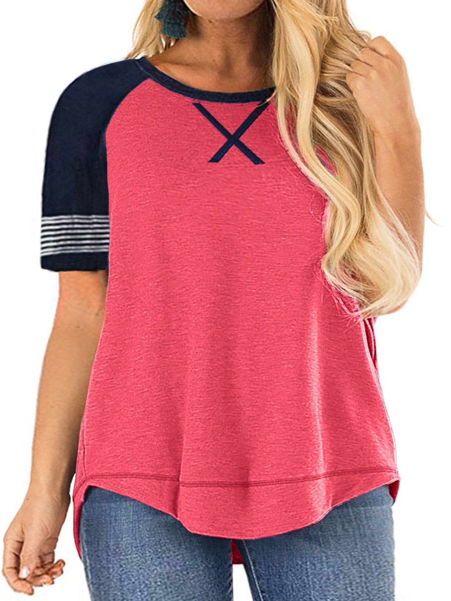 LANREMON Women Plus Size tops Summer t shirts Tunic for Women Crew Neck Short Sleeve Flowy Oversized T Shirts Blouse Pink 24 Plus