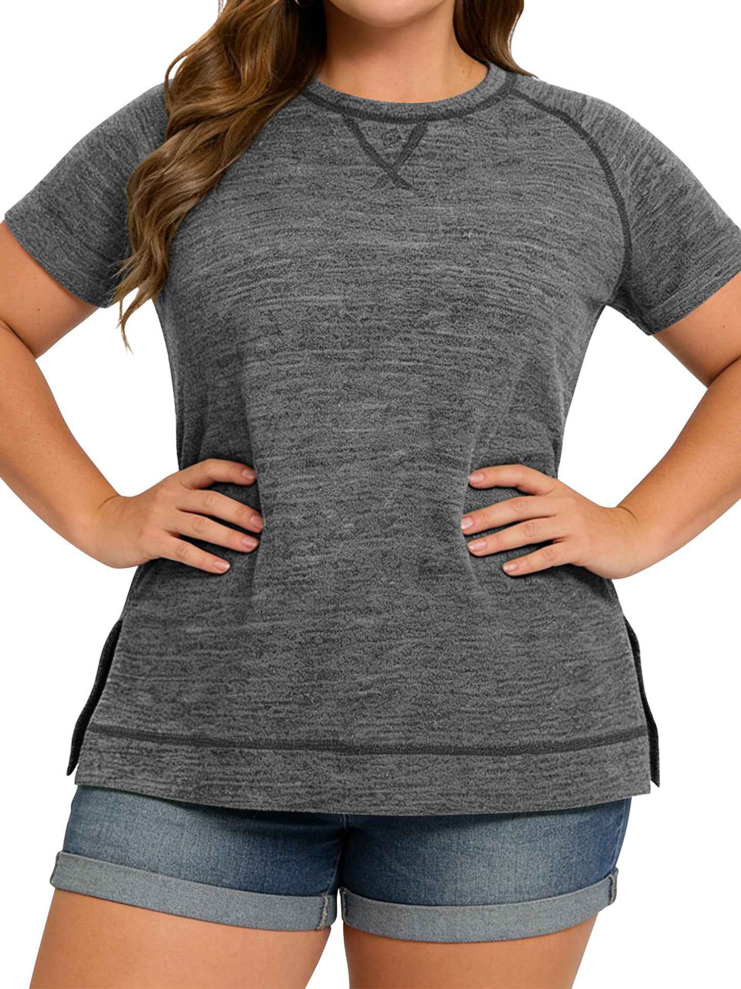 LANREMON Women Tops Plus Size Color Block Loose Summer Short Sleeve T Shirts Casual Crewneck Skyblue Baseball Tee Blouses Size