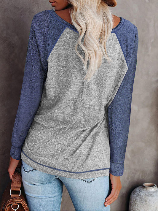 TEMOFON Long Sleeve Tops for Women Casual Crew Neck T Shirts Fall Color Block Tunic Tops Casual Gray Loose Shirts for Women