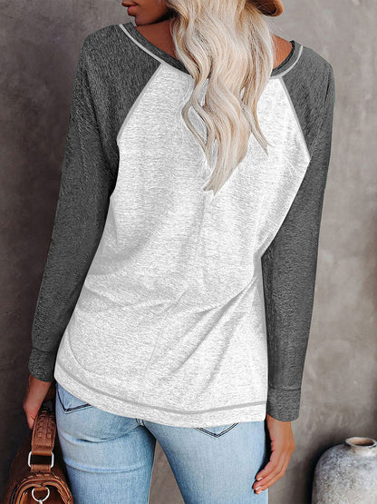 TEMOFON Long Sleeve Tops for Women Casual Crew Neck T Shirts Fall Color Block Tunic Tops Casual Gray Loose Shirts for Women