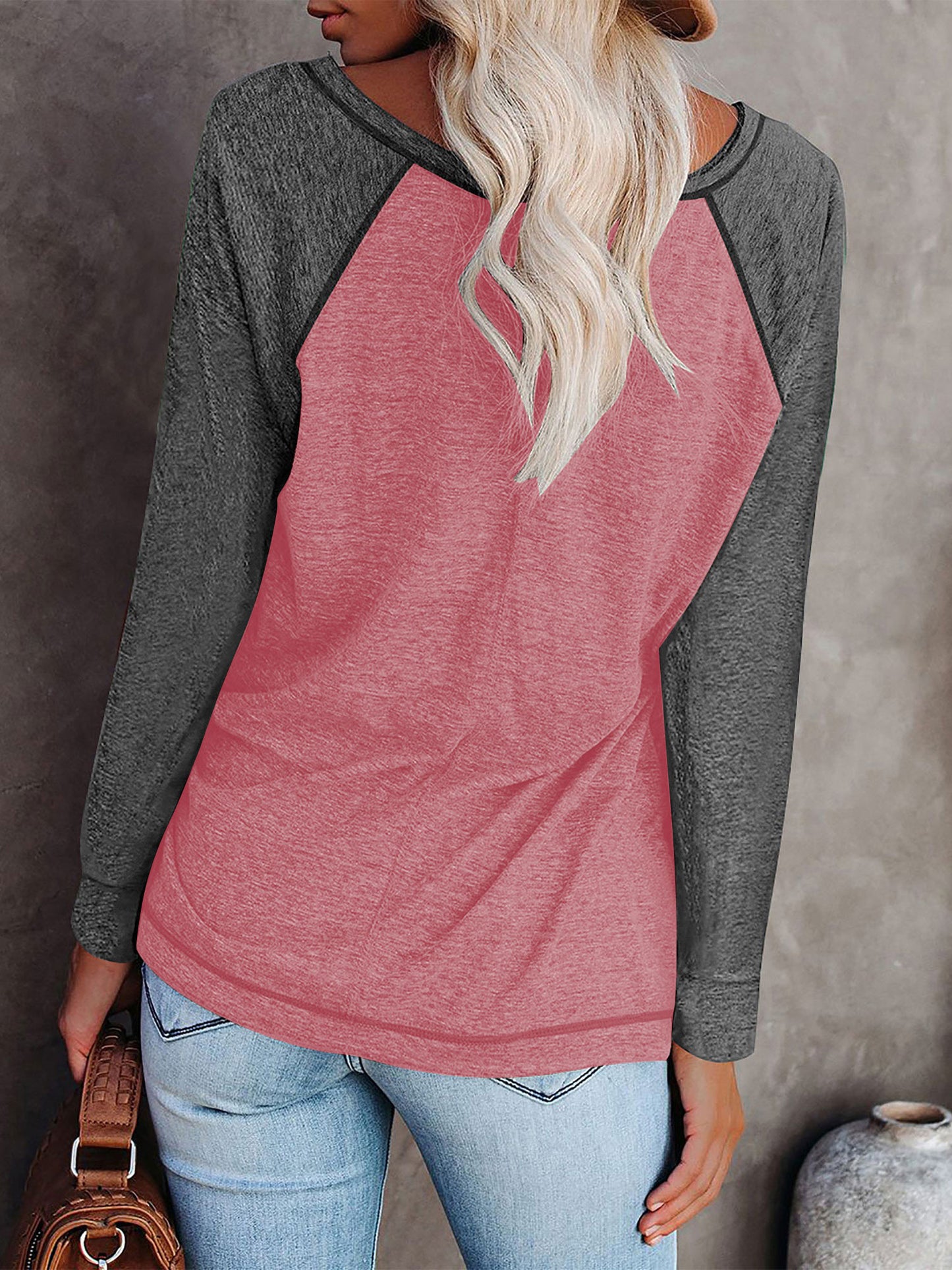 TEMOFON Long Sleeve Tops for Women Casual Crew Neck T Shirts Fall Color Block Tunic Tops Casual Gray Loose Shirts for Women