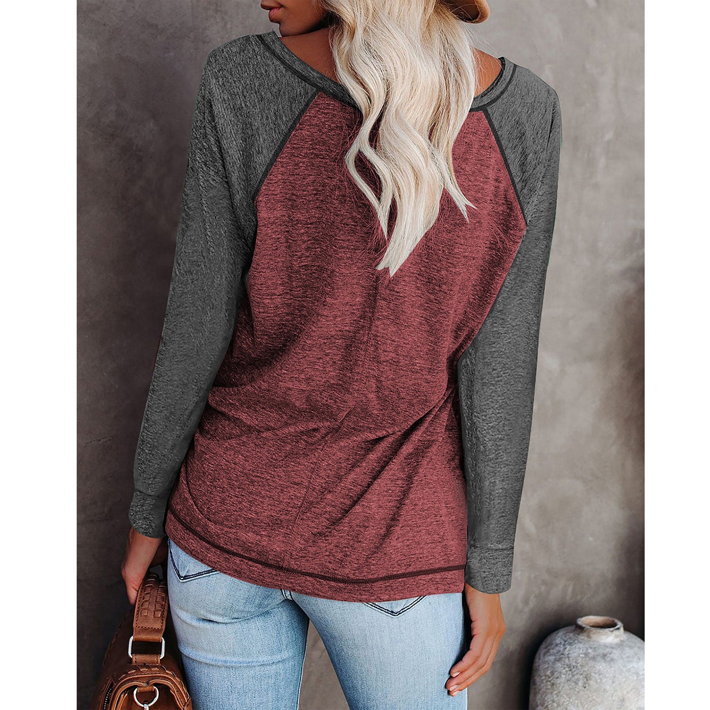 TEMOFON Long Sleeve Tops for Women Casual Crew Neck T Shirts Fall Color Block Tunic Tops Casual Gray Loose Shirts for Women