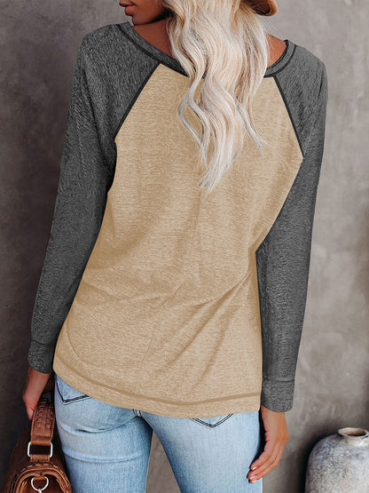 TEMOFON Long Sleeve Tops for Women Casual Crew Neck T Shirts Fall Color Block Tunic Tops Casual Gray Loose Shirts for Women