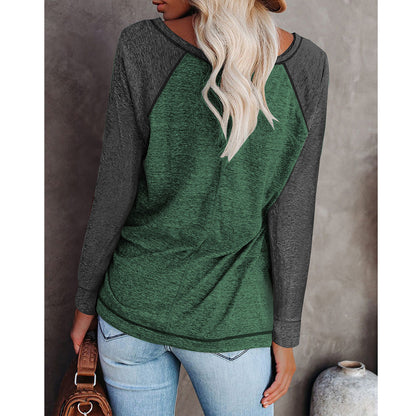 TEMOFON Long Sleeve Tops for Women Casual Crew Neck T Shirts Fall Color Block Tunic Tops Casual Gray Loose Shirts for Women