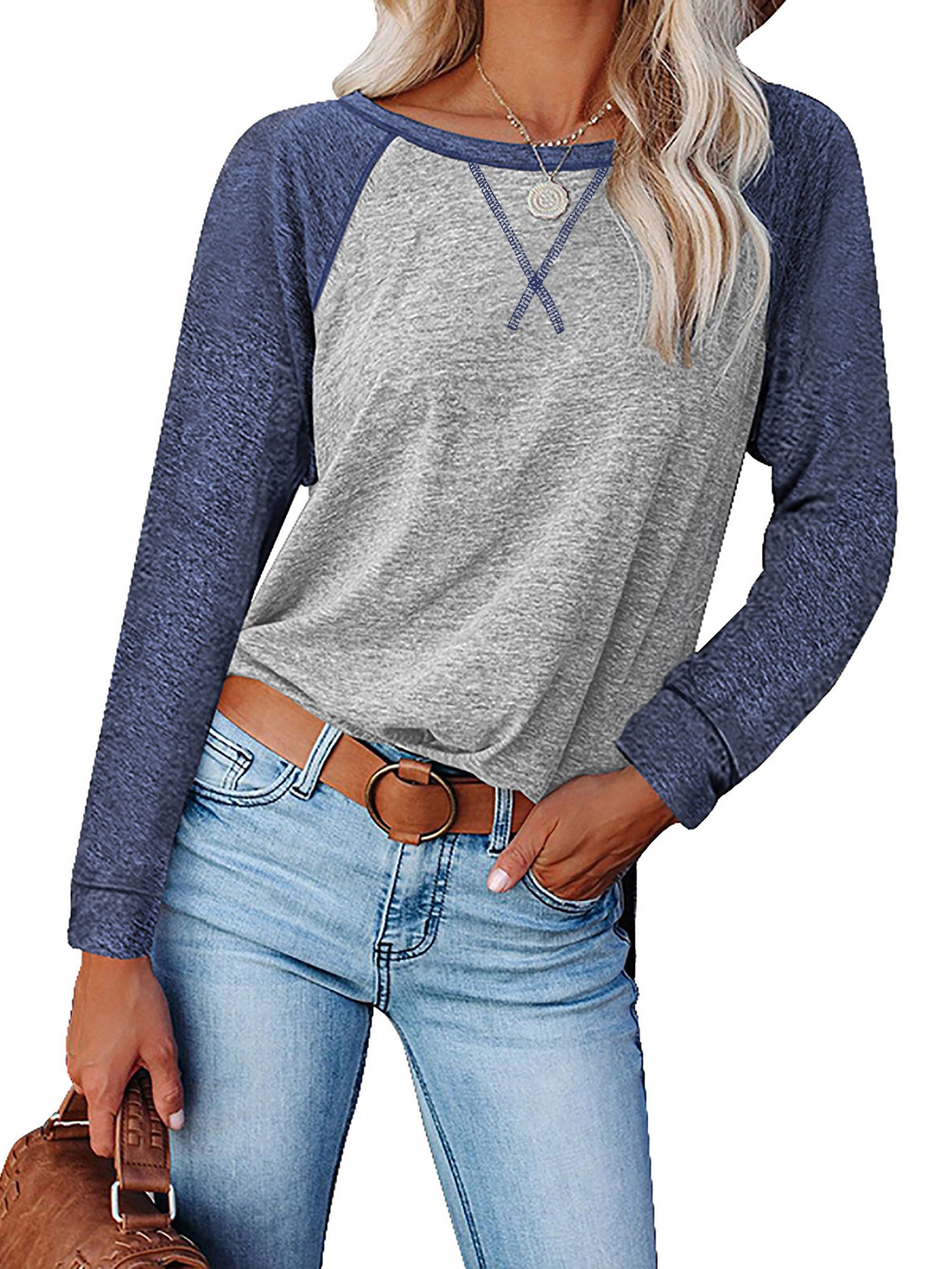 TEMOFON Long Sleeve Tops for Women Casual Crew Neck T Shirts Fall Color Block Tunic Tops Casual Gray Loose Shirts for Women