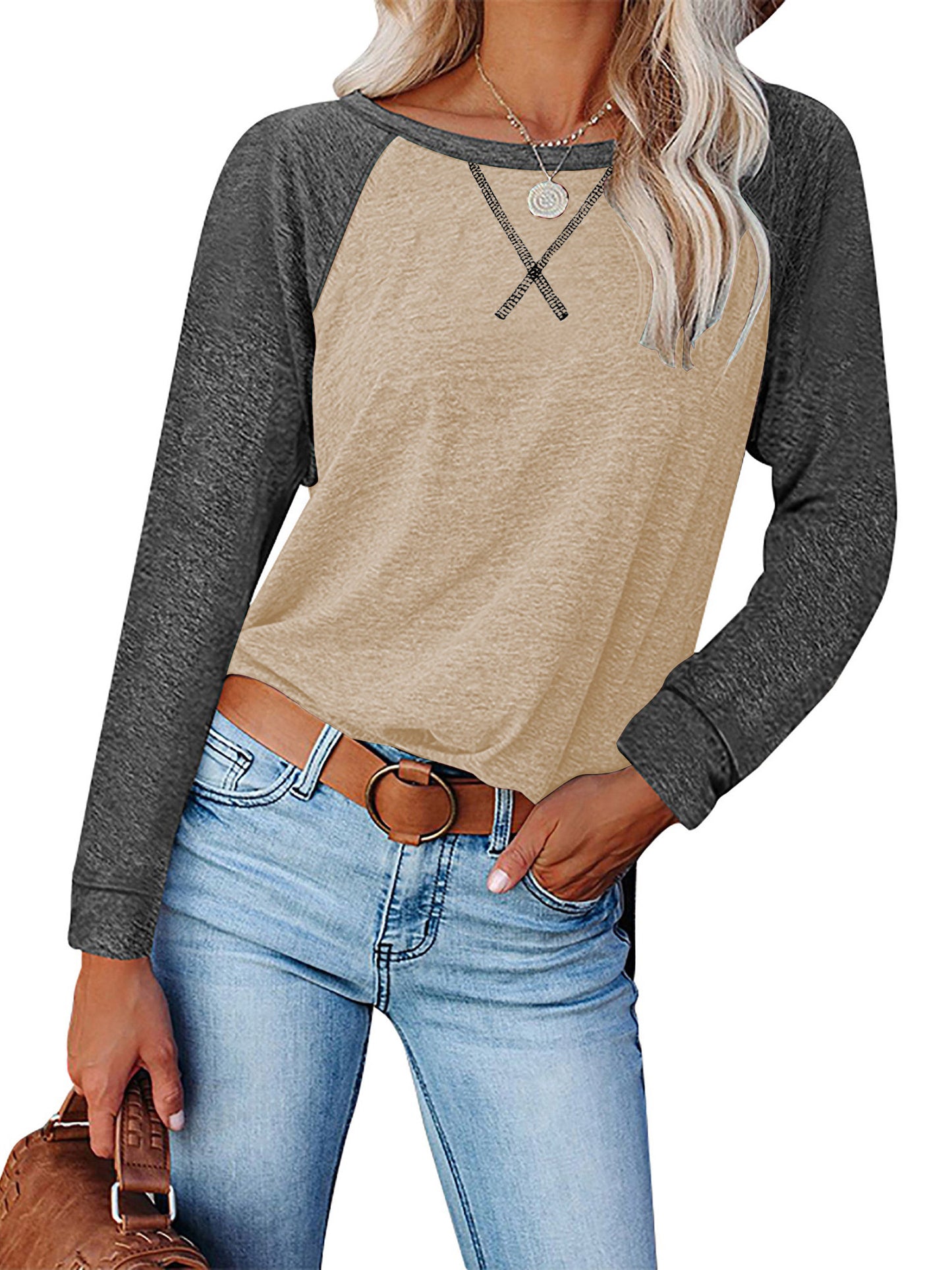TEMOFON Long Sleeve Tops for Women Casual Crew Neck T Shirts Fall Color Block Tunic Tops Casual Gray Loose Shirts for Women