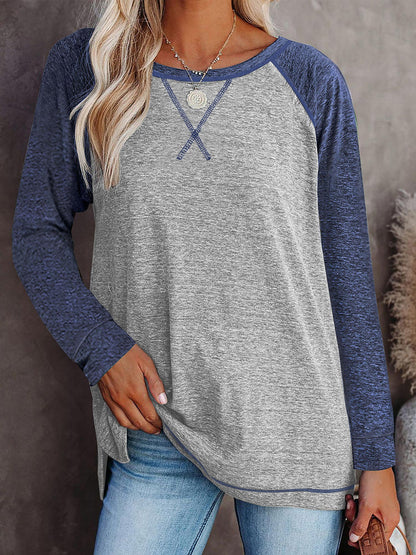 TEMOFON Long Sleeve Tops for Women Casual Crew Neck T Shirts Fall Color Block Tunic Tops Casual Gray Loose Shirts for Women