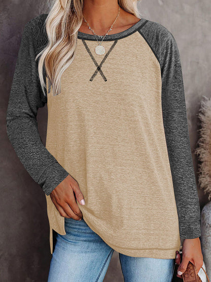 TEMOFON Long Sleeve Tops for Women Casual Crew Neck T Shirts Fall Color Block Tunic Tops Casual Gray Loose Shirts for Women