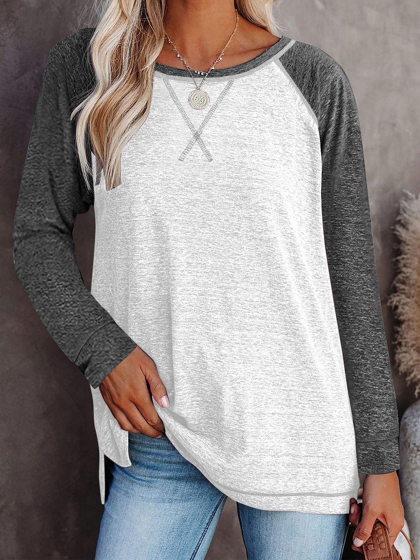 TEMOFON Long Sleeve Tops for Women Casual Crew Neck T Shirts Fall Color Block Tunic Tops Casual Gray Loose Shirts for Women