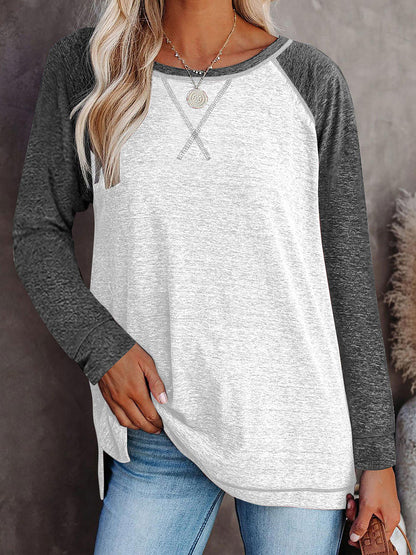 TEMOFON Long Sleeve Tops for Women Casual Crew Neck T Shirts Fall Color Block Tunic Tops Casual Gray Loose Shirts for Women
