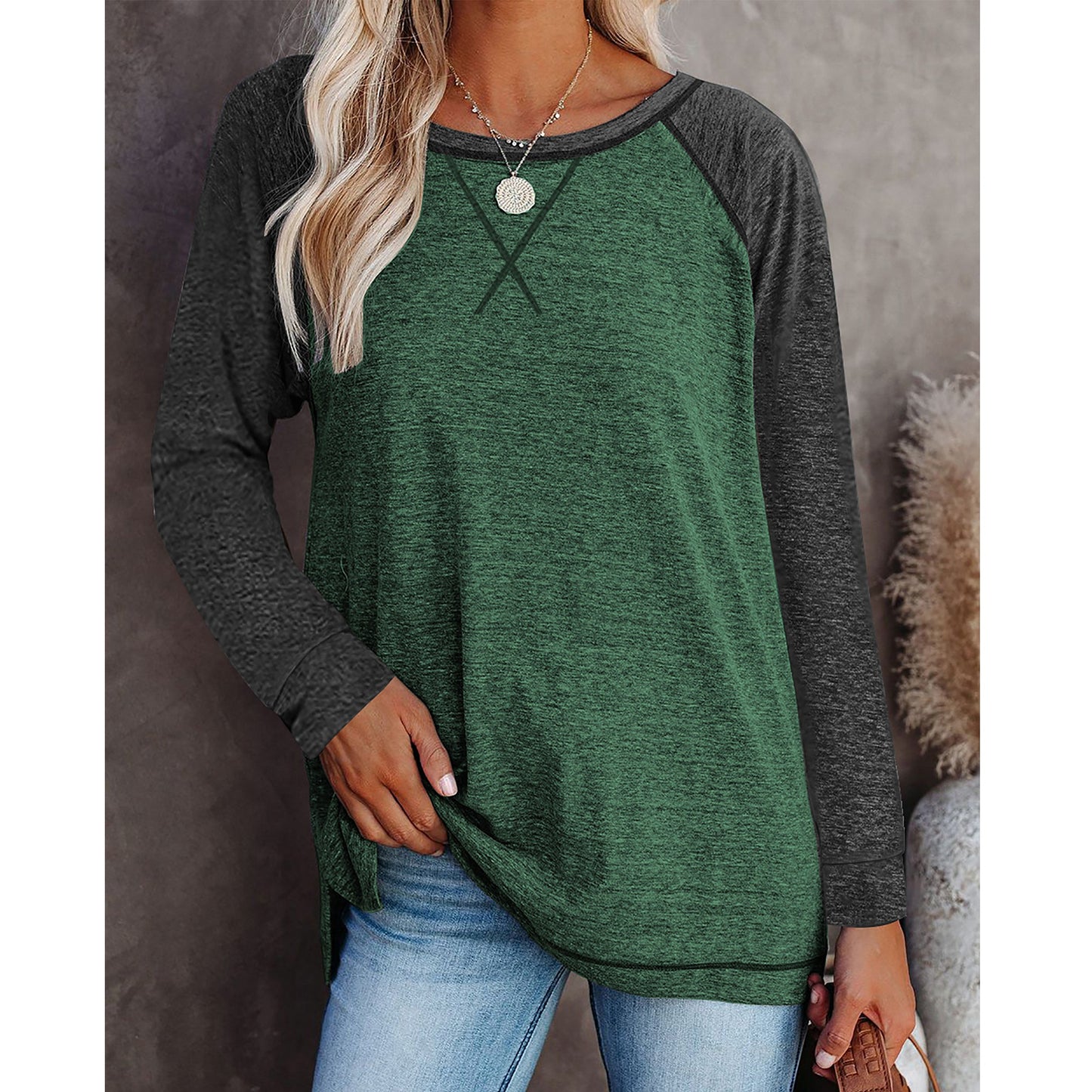 TEMOFON Long Sleeve Tops for Women Casual Crew Neck T Shirts Fall Color Block Tunic Tops Casual Gray Loose Shirts for Women