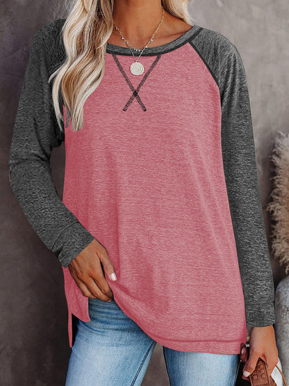 TEMOFON Long Sleeve Tops for Women Casual Crew Neck T Shirts Fall Color Block Tunic Tops Casual Gray Loose Shirts for Women