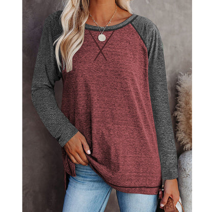 TEMOFON Long Sleeve Tops for Women Casual Crew Neck T Shirts Fall Color Block Tunic Tops Casual Gray Loose Shirts for Women