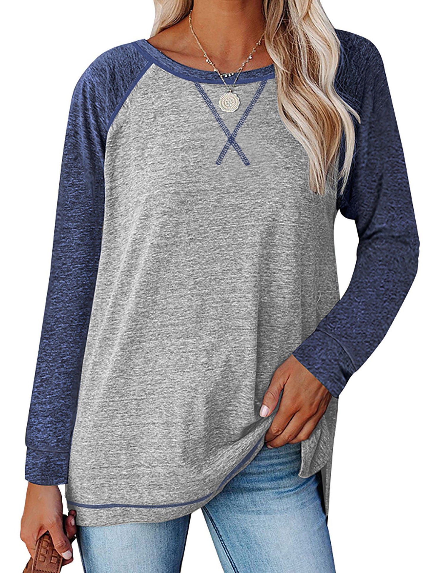 TEMOFON Long Sleeve Tops for Women Casual Crew Neck T Shirts Fall Color Block Tunic Tops Casual Gray Loose Shirts for Women