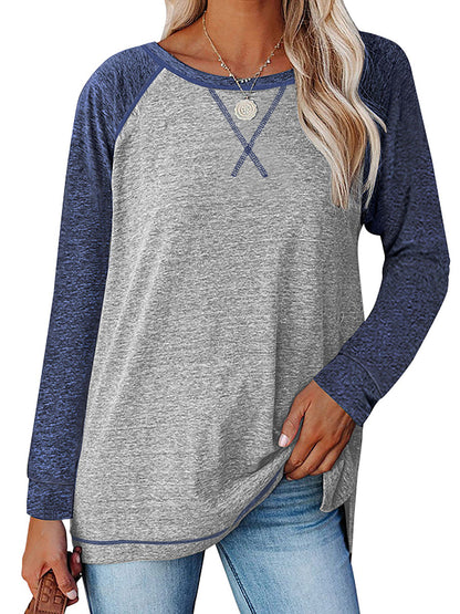 TEMOFON Long Sleeve Tops for Women Casual Crew Neck T Shirts Fall Color Block Tunic Tops Casual Gray Loose Shirts for Women