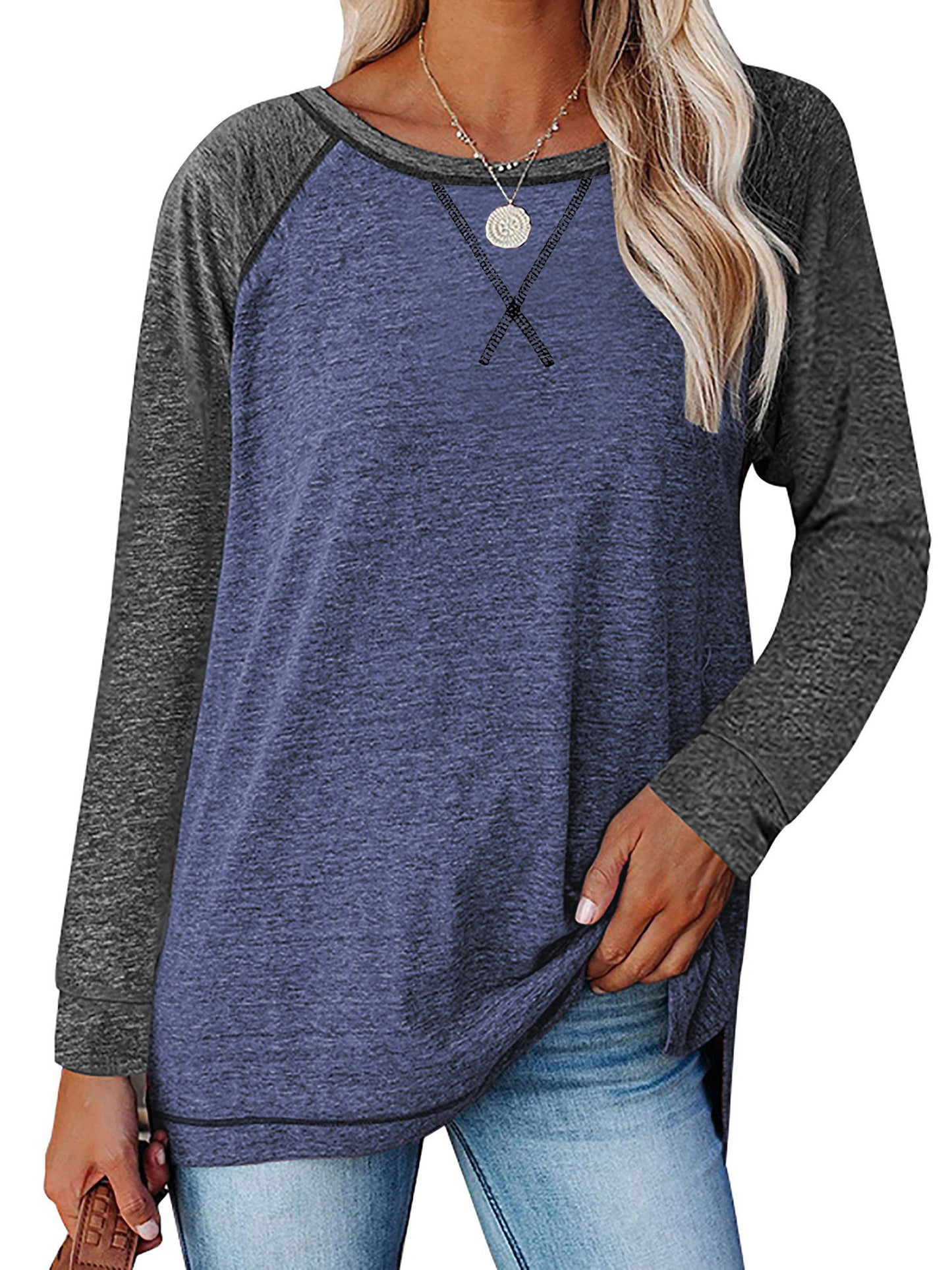 TEMOFON Long Sleeve Tops for Women Casual Crew Neck T Shirts Fall Color Block Tunic Tops Casual Gray Loose Shirts for Women