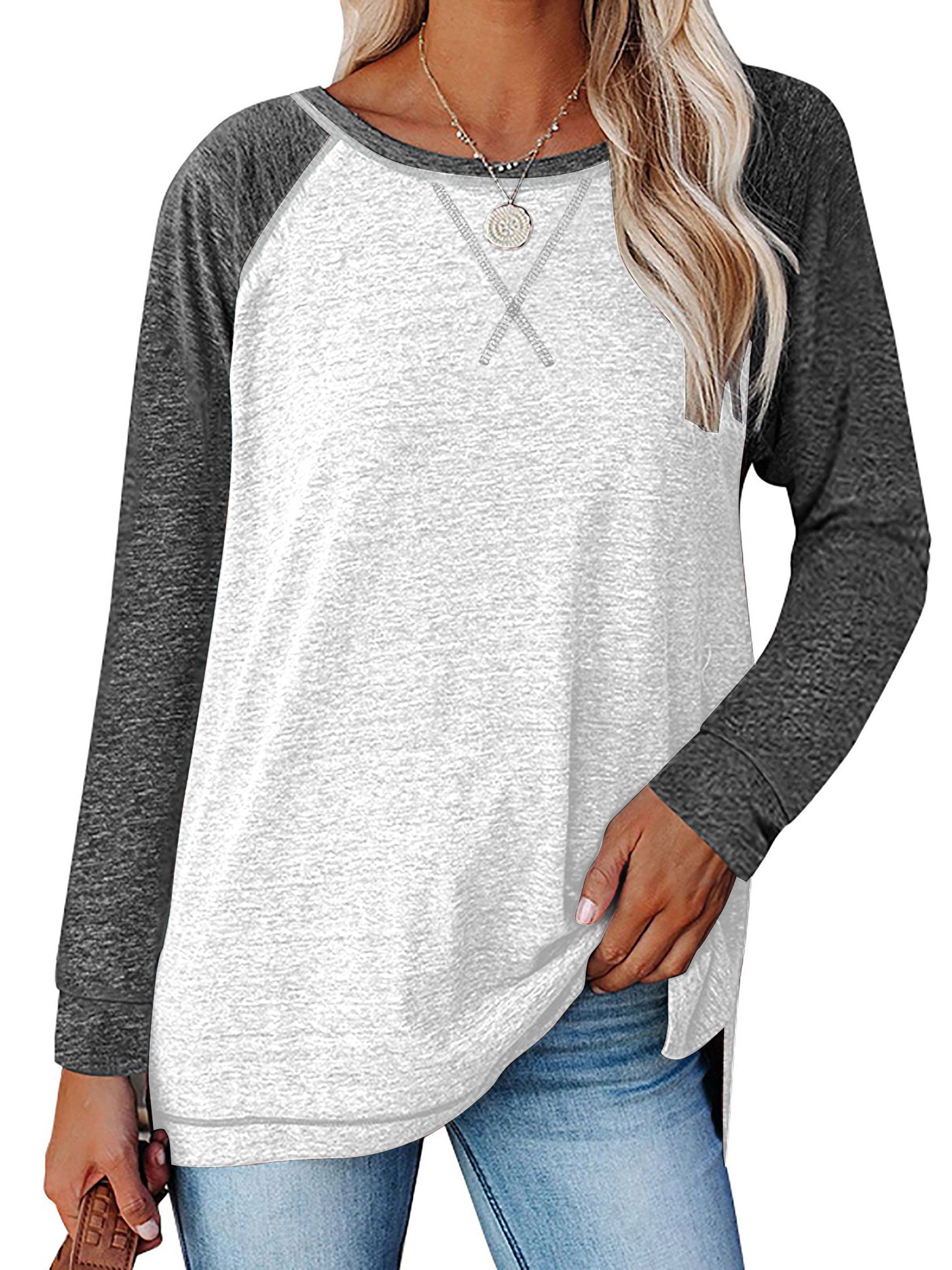 TEMOFON Long Sleeve Tops for Women Casual Crew Neck T Shirts Fall Color Block Tunic Tops Casual Gray Loose Shirts for Women