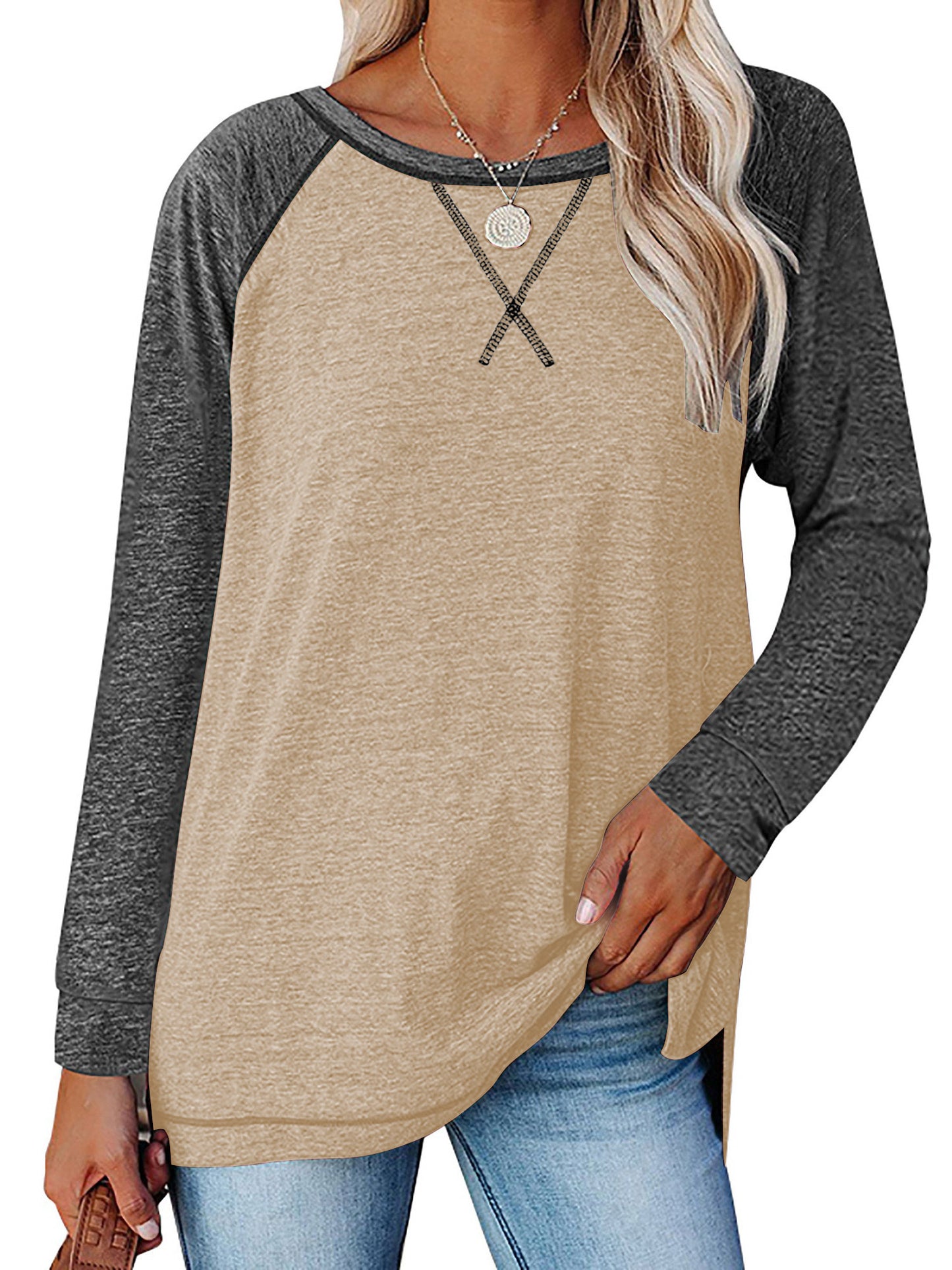 TEMOFON Long Sleeve Tops for Women Casual Crew Neck T Shirts Fall Color Block Tunic Tops Casual Gray Loose Shirts for Women