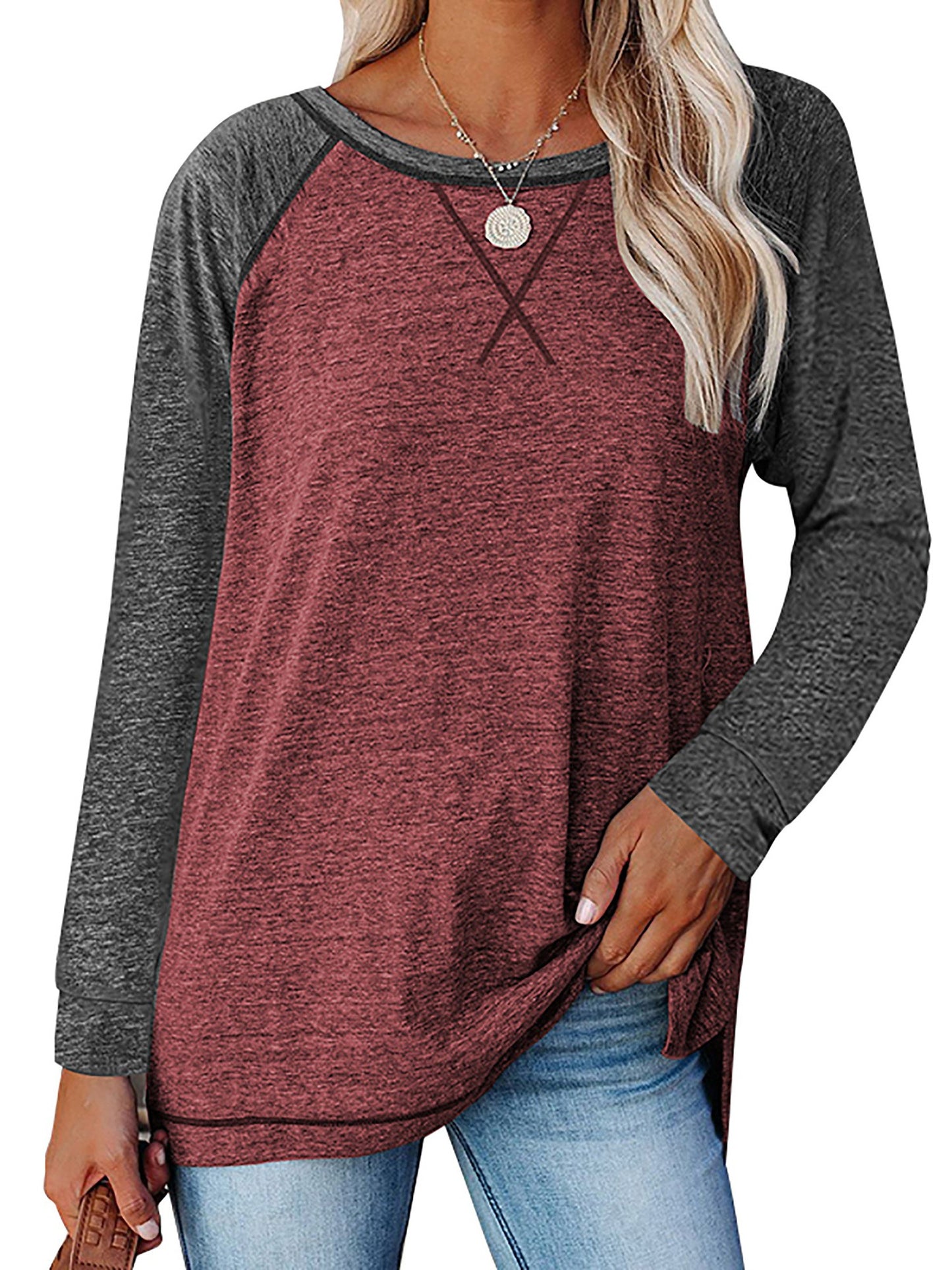 TEMOFON Long Sleeve Tops for Women Casual Crew Neck T Shirts Fall Color Block Tunic Tops Casual Gray Loose Shirts for Women