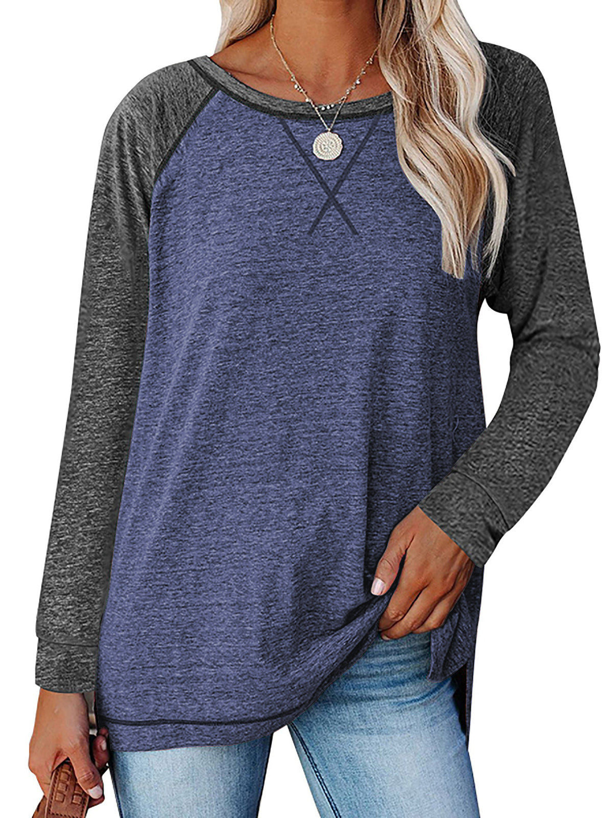 TEMOFON Long Sleeve Shirts for Women Fall Loose Tunic Tops Casual Crewneck Color Block Sweatshirts Raglan Blouses