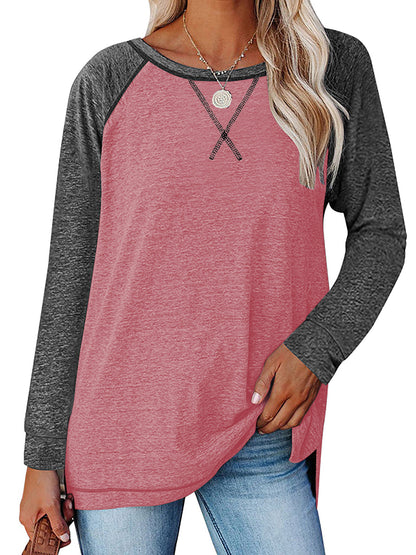 TEMOFON Long Sleeve Tops for Women Casual Crew Neck T Shirts Fall Color Block Tunic Tops Casual Gray Loose Shirts for Women