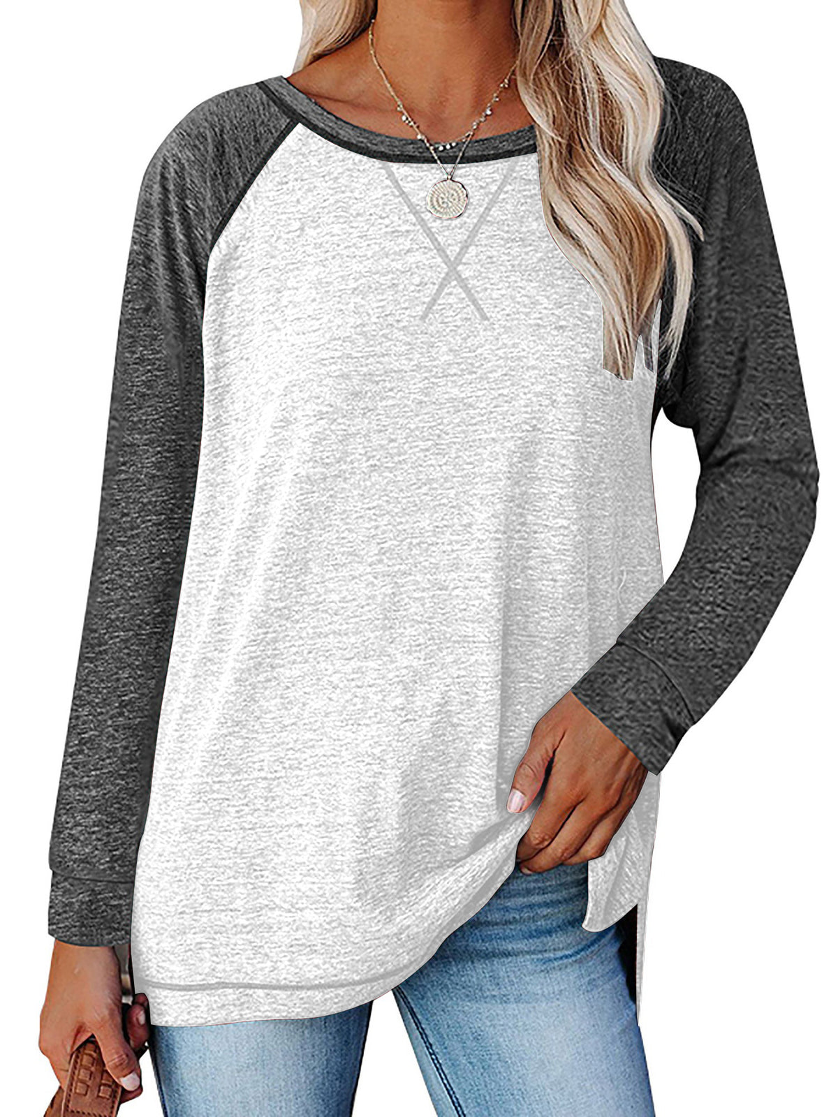TEMOFON Long Sleeve Shirts for Women Fall Loose Tunic Tops Casual Crewneck Color Block Sweatshirts Raglan Blouses