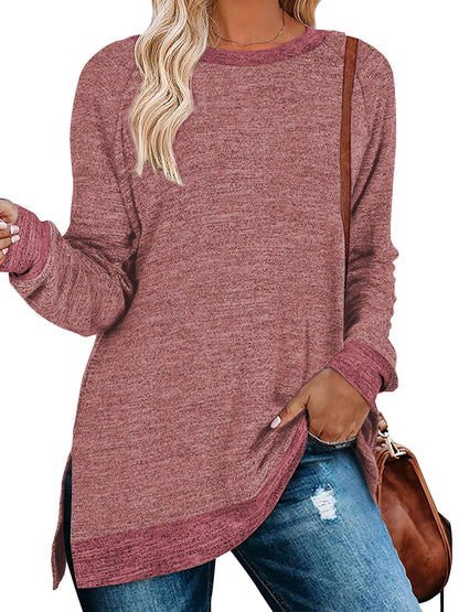 SHIBEVER Womens Tops Long Sleeve T Shirts Fall Fashion Loose Tunic Tops Trendy Side Split Pullover Color Block Crewneck