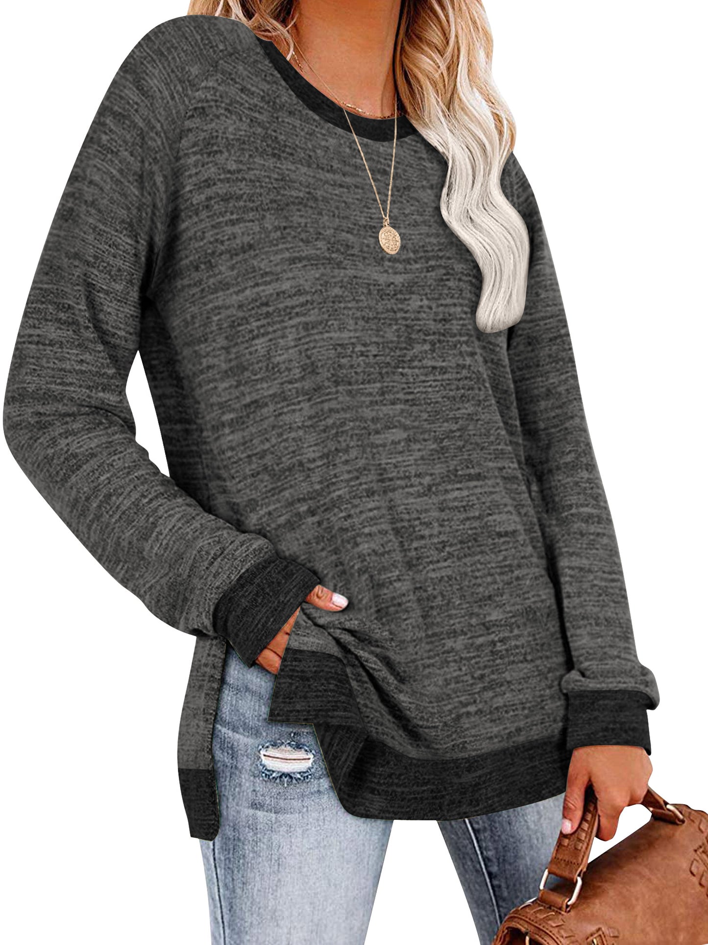 SHIBEVER Womens Tops Long Sleeve T Shirts Fall Fashion Loose Tunic Tops Trendy Side Split Pullover Color Block Crewneck