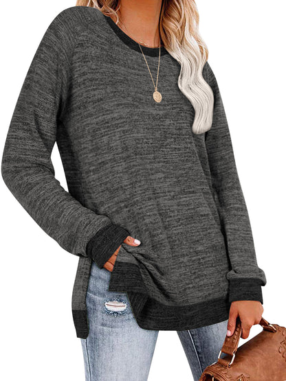 SHIBEVER Womens Tops Long Sleeve T Shirts Fall Fashion Loose Tunic Tops Trendy Side Split Pullover Color Block Crewneck