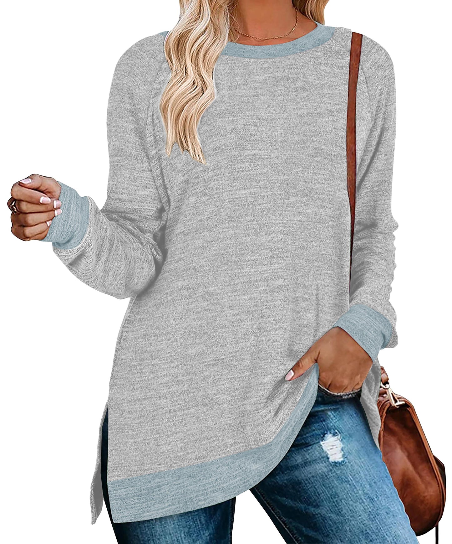 SHIBEVER Womens Tops Long Sleeve T Shirts Fall Fashion Loose Tunic Tops Trendy Side Split Pullover Color Block Crewneck