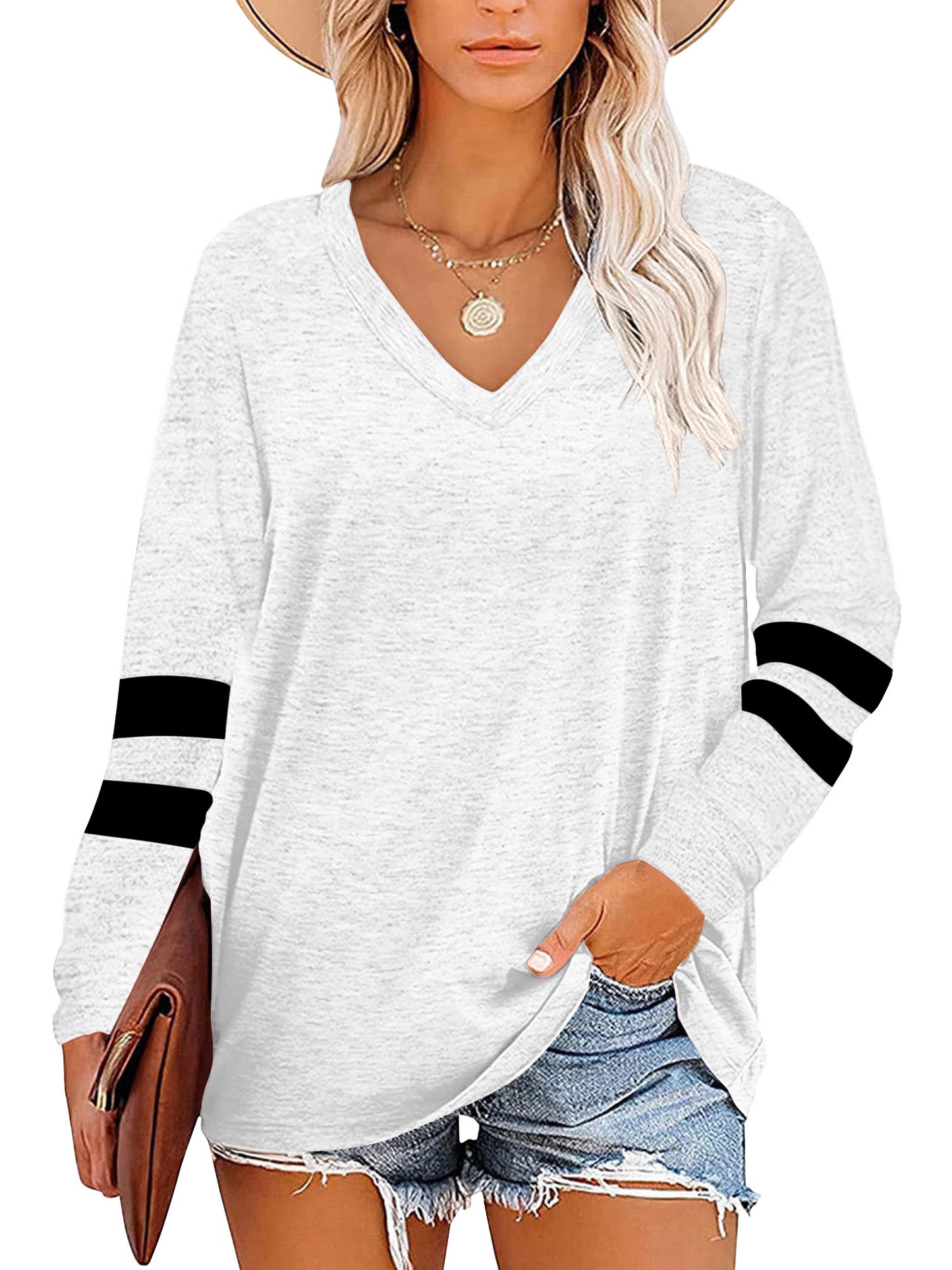 TEMOFON Womens Tops Dressy Casual Long Sleeve Shirts for Women Color Block V Neck Shirts Tunic Tops Loose Blouses T shirts Sweatshirts Pullover