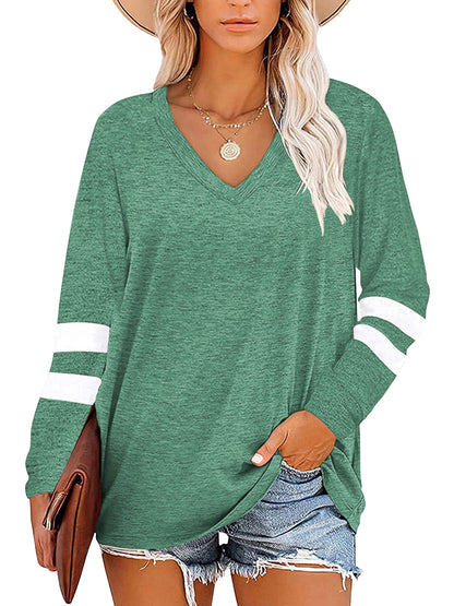 TEMOFON Womens Tops Dressy Casual Long Sleeve Shirts for Women Color Block V Neck Shirts Tunic Tops Loose Blouses T shirts Sweatshirts Pullover
