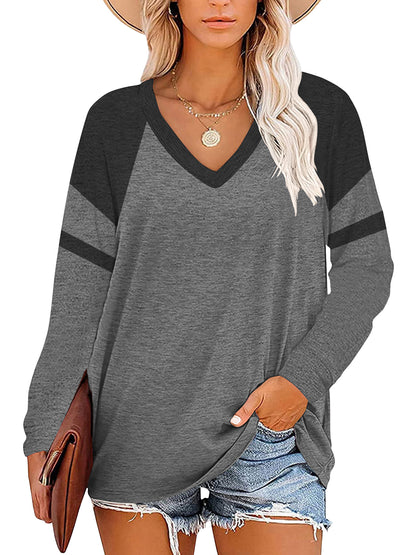 TEMOFON Womens Tops Dressy Casual Long Sleeve Shirts for Women Color Block V Neck Shirts Tunic Tops Loose Blouses T shirts Sweatshirts Pullover