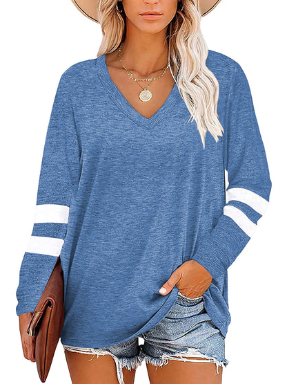 TEMOFON Womens Tops Dressy Casual Long Sleeve Shirts for Women Color Block V Neck Shirts Tunic Tops Loose Blouses T shirts Sweatshirts Pullover